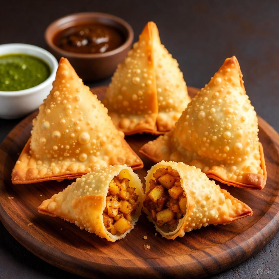 Four golden triangular samosas on wooden board, one broken open revealing spiced potato filling, chutneys nearby.