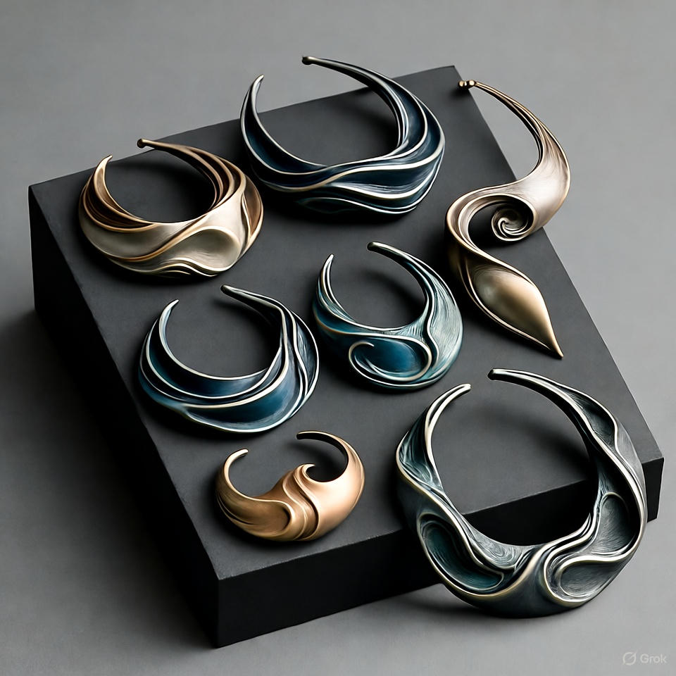 Artistic sculptural necklaces with modern abstract forms.
