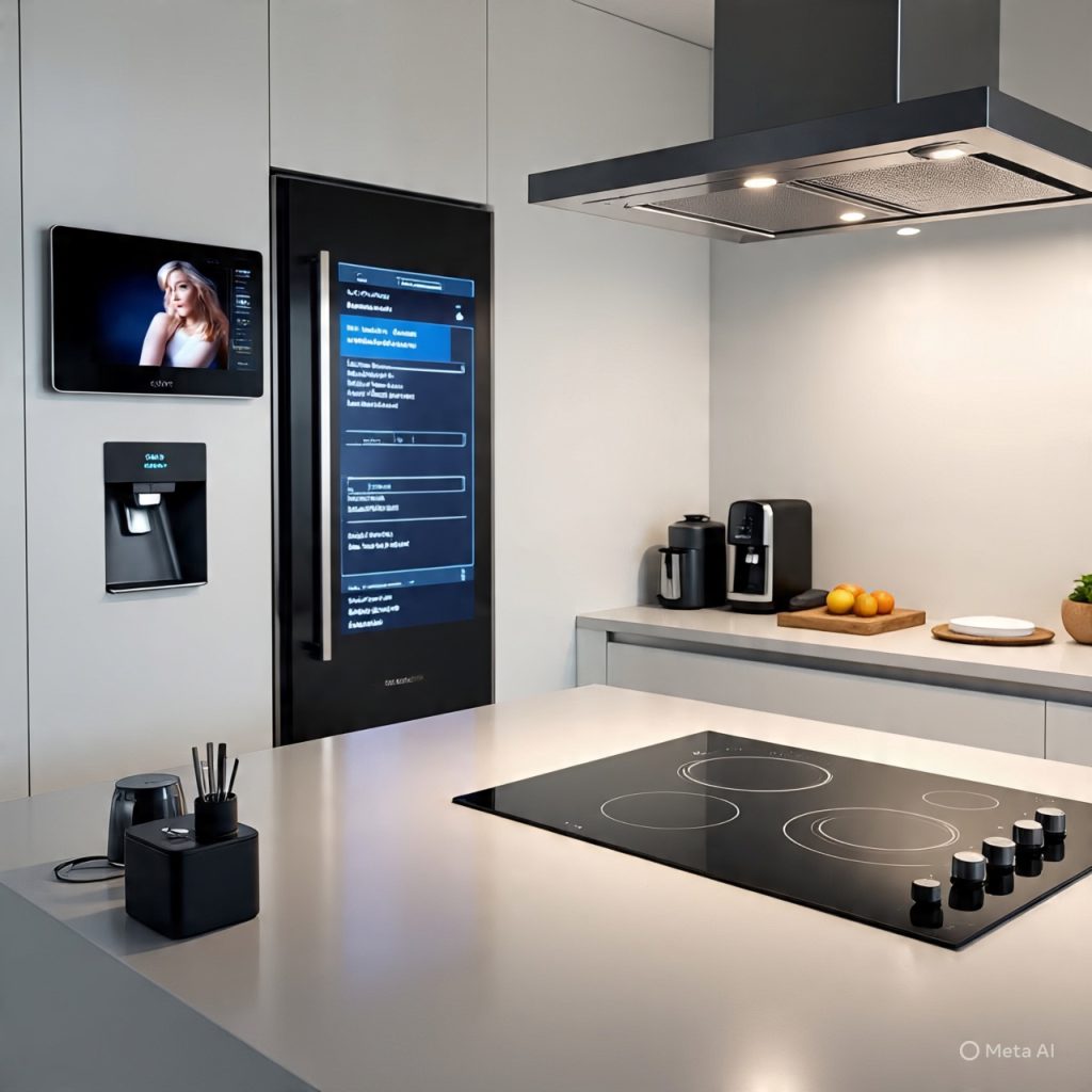 Smart kitchen with connected IoT appliances and digital control display