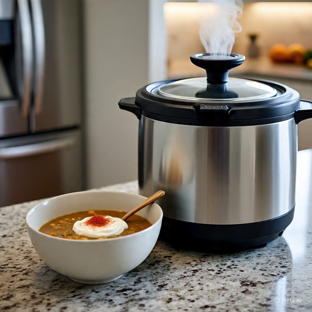 Instant Pot meal with freshly cooked soup.