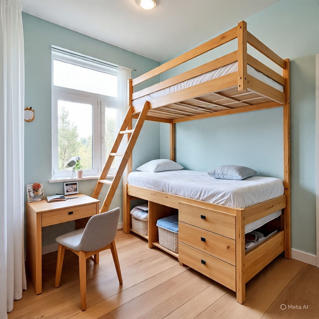 Kids' room furniture with a bunk bed, built-in drawers, and a study table.