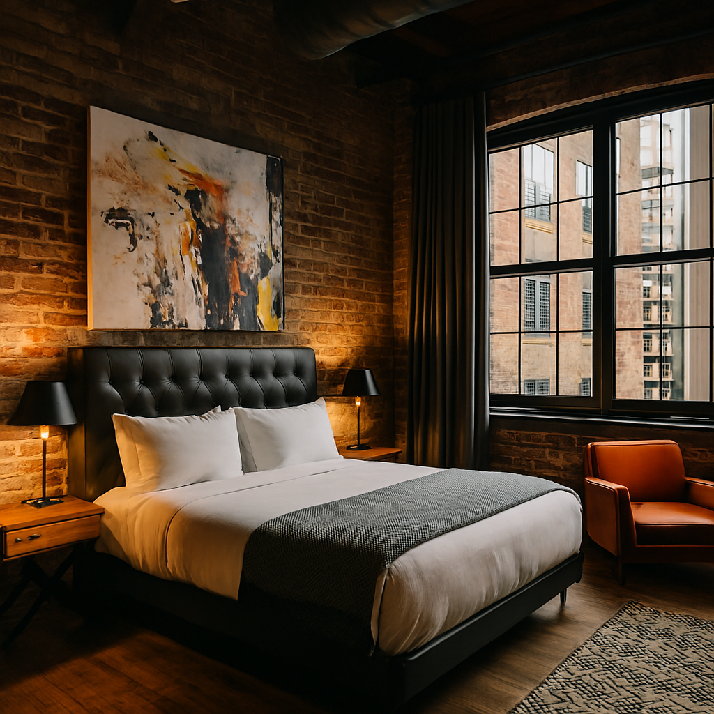 Artistic hotel room with mural and handcrafted décor.