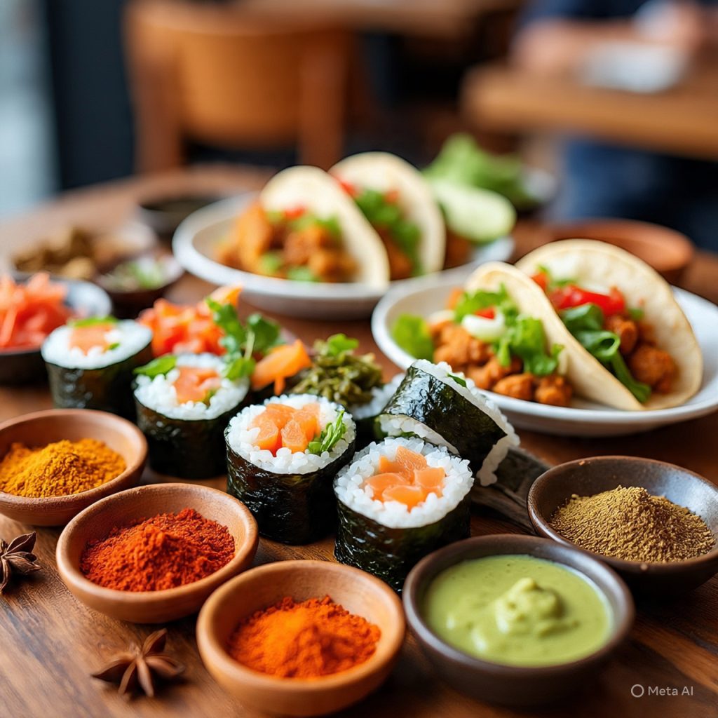 Fusion cuisine combining global flavors.