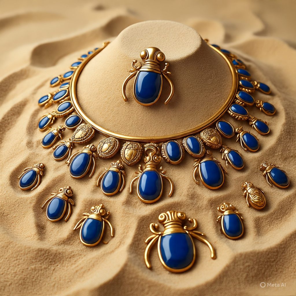 Egyptian royal-style jewelry with ancient symbols and gemstones.