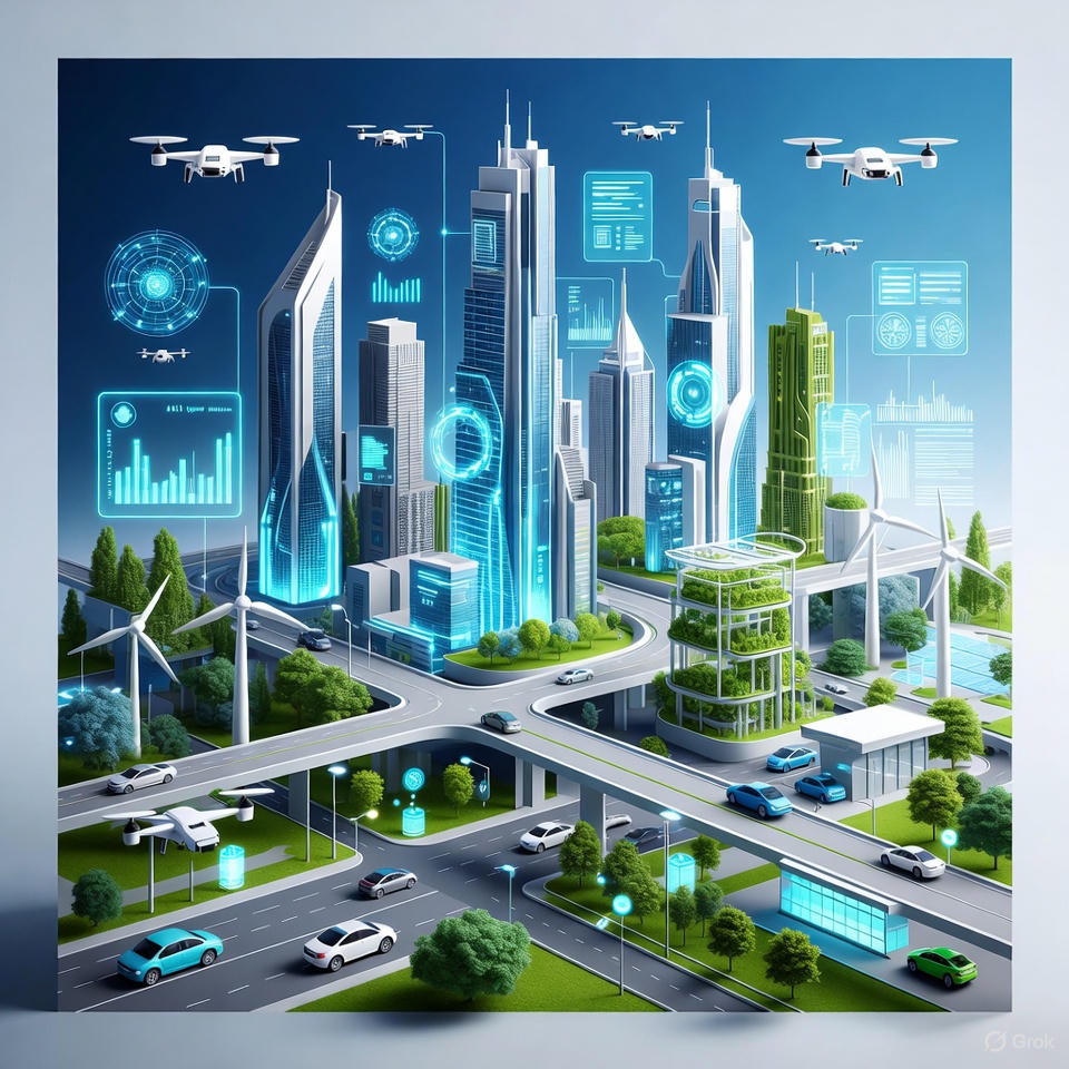 Smart city at night with AI-powered infrastructure.