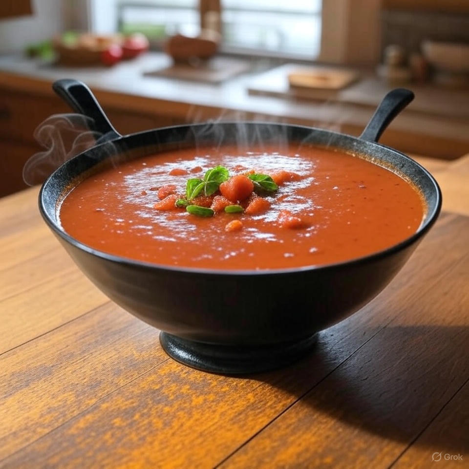 Warm tomato soup served with bread.