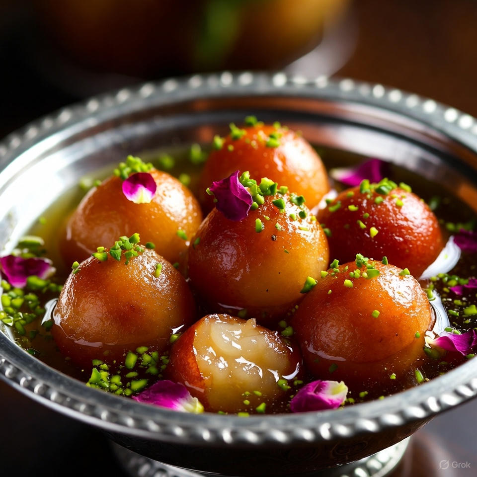 Six glossy gulab jamun soaking in syrup in silver bowl, rose petals, pistachio garnish, one cut to show milky interior.