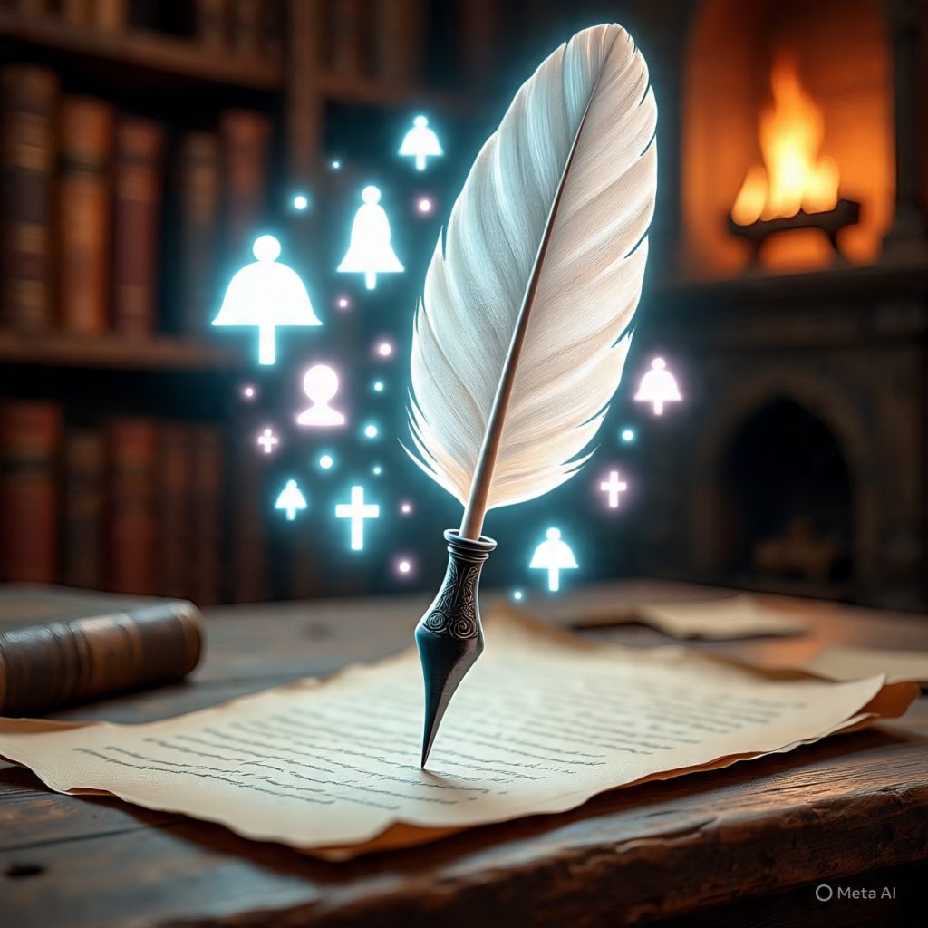 Storytelling quill with glowing symbols and colors