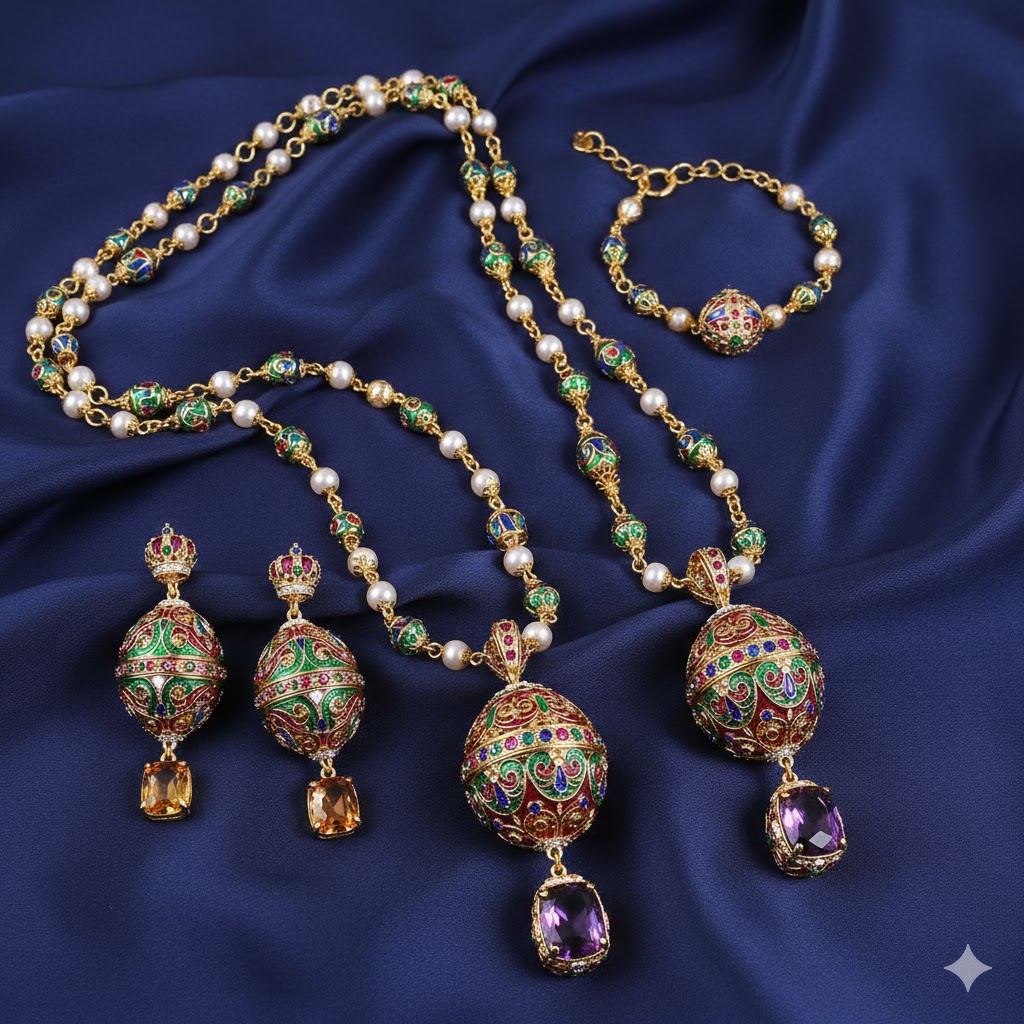 Luxurious Russian jewelry with enamel detailing and gemstones.