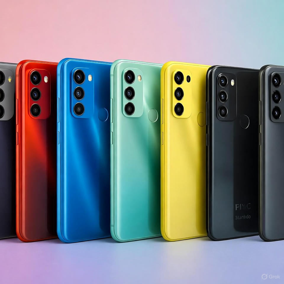 Colorful lineup of mid-range new mobile phones.