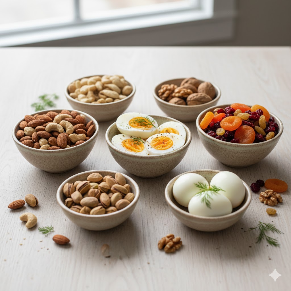 Healthy grab-and-go snacks in small bowls.