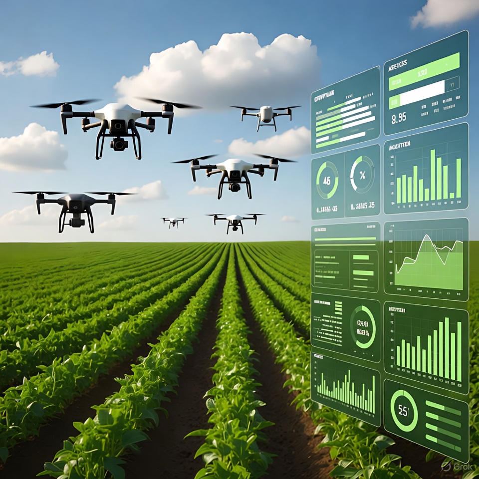 AI drones monitoring smart agricultural field.
