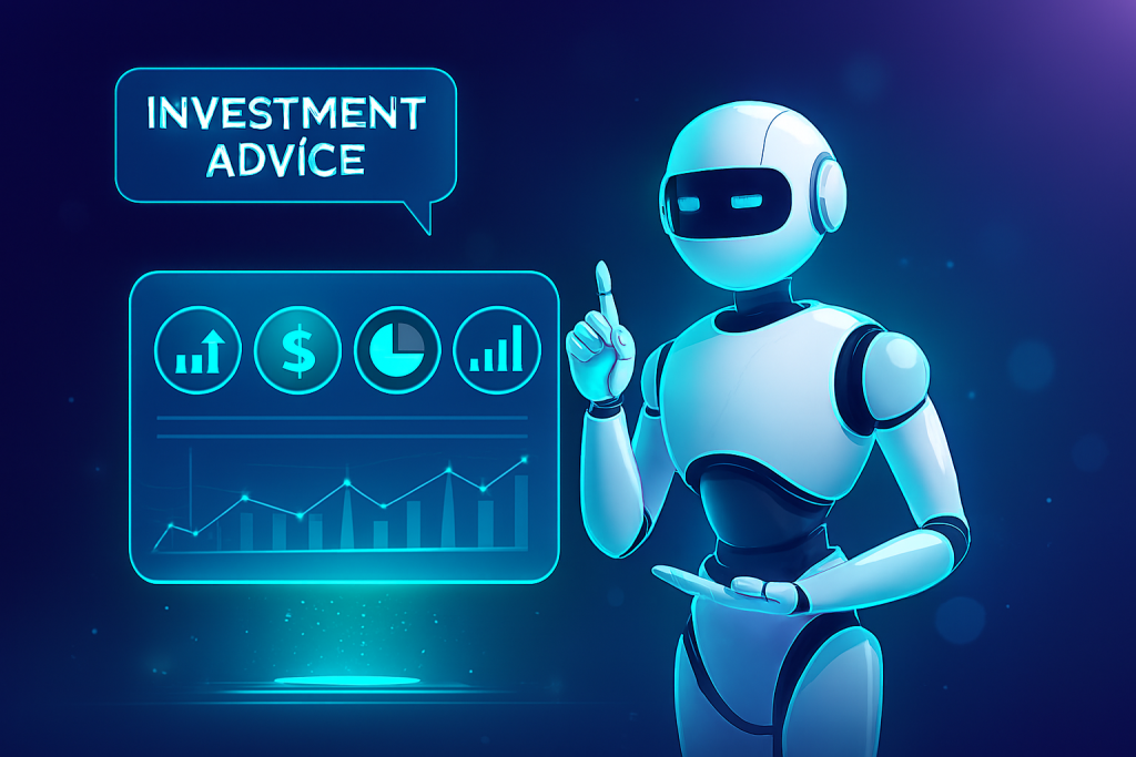 AI robot giving investment advice on holographic display.