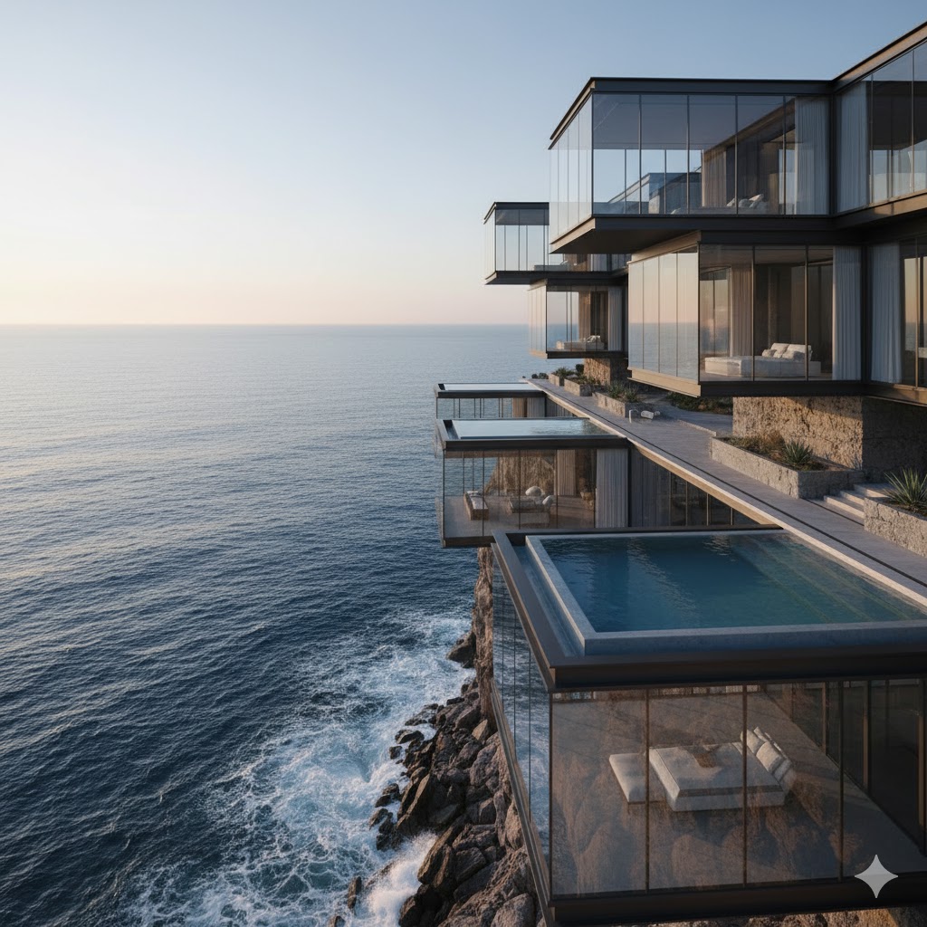 Architectural boutique hotel with ocean view.