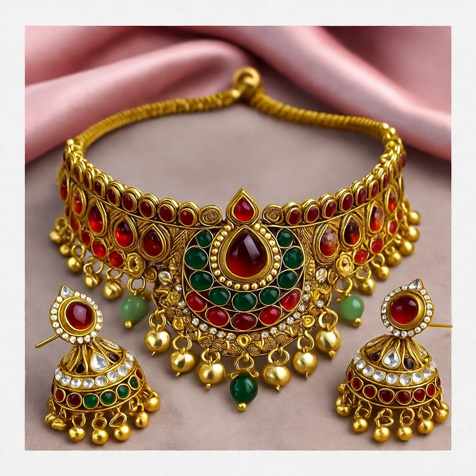 Traditional Pakistani gold jewelry with colorful enamel work.