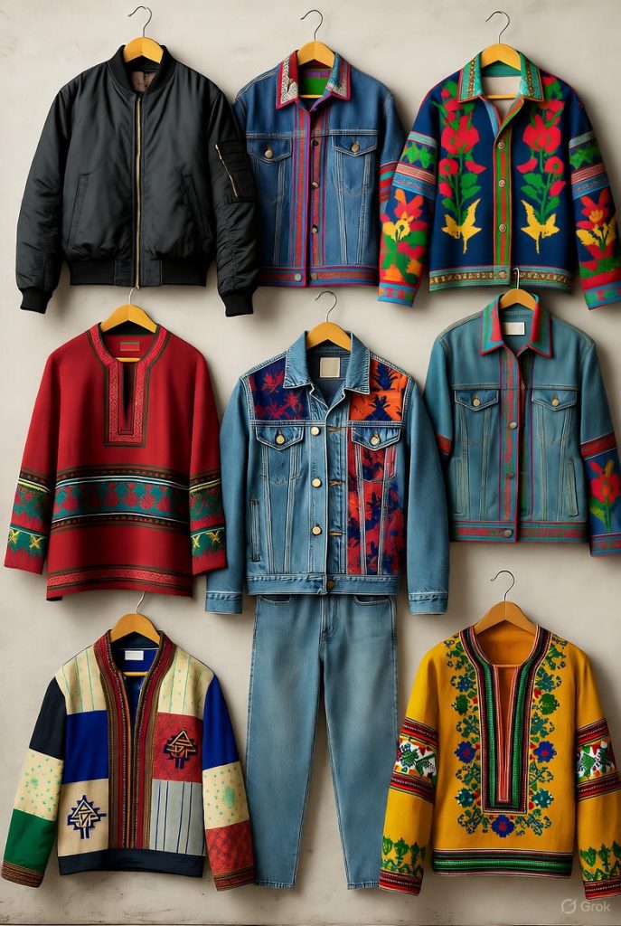 Youthful streetwear inspired by cultural heritage fabrics.