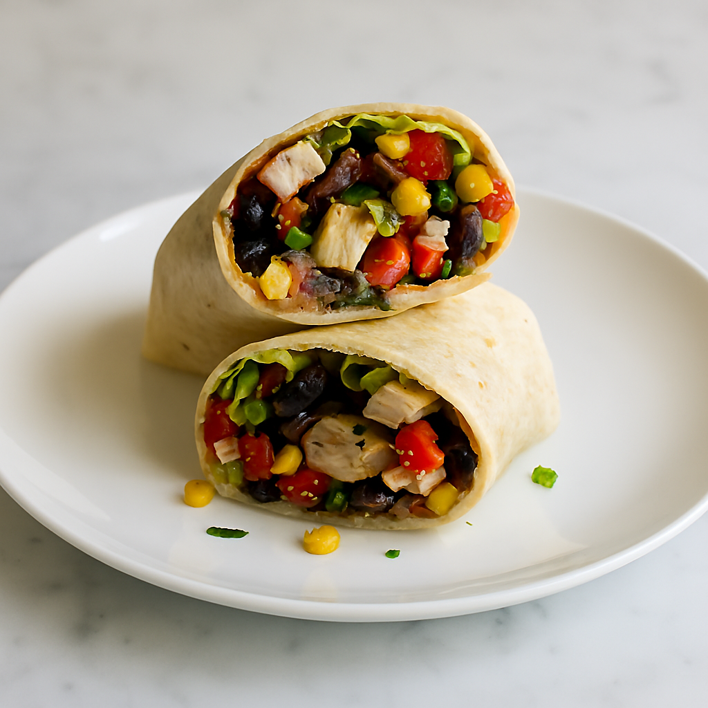 Freshly made wrap with chicken, beans, and vegetables.