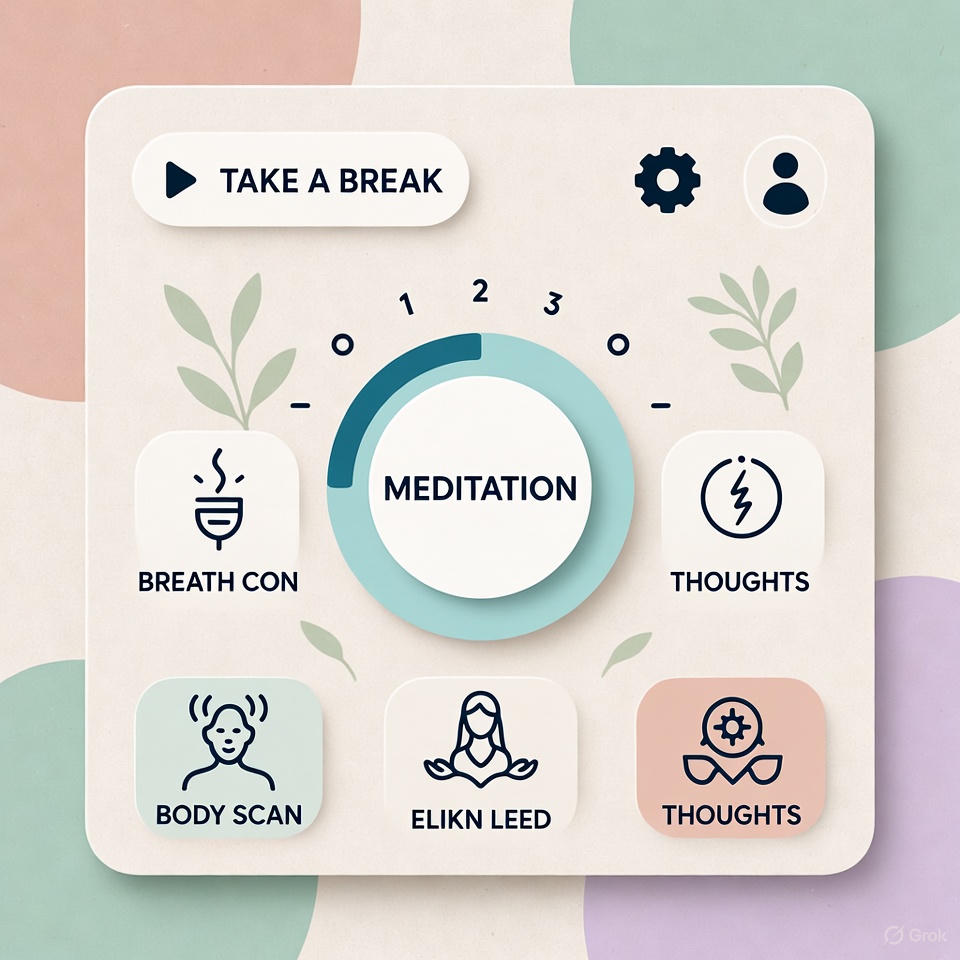Digital wellness app interface promoting mental health.