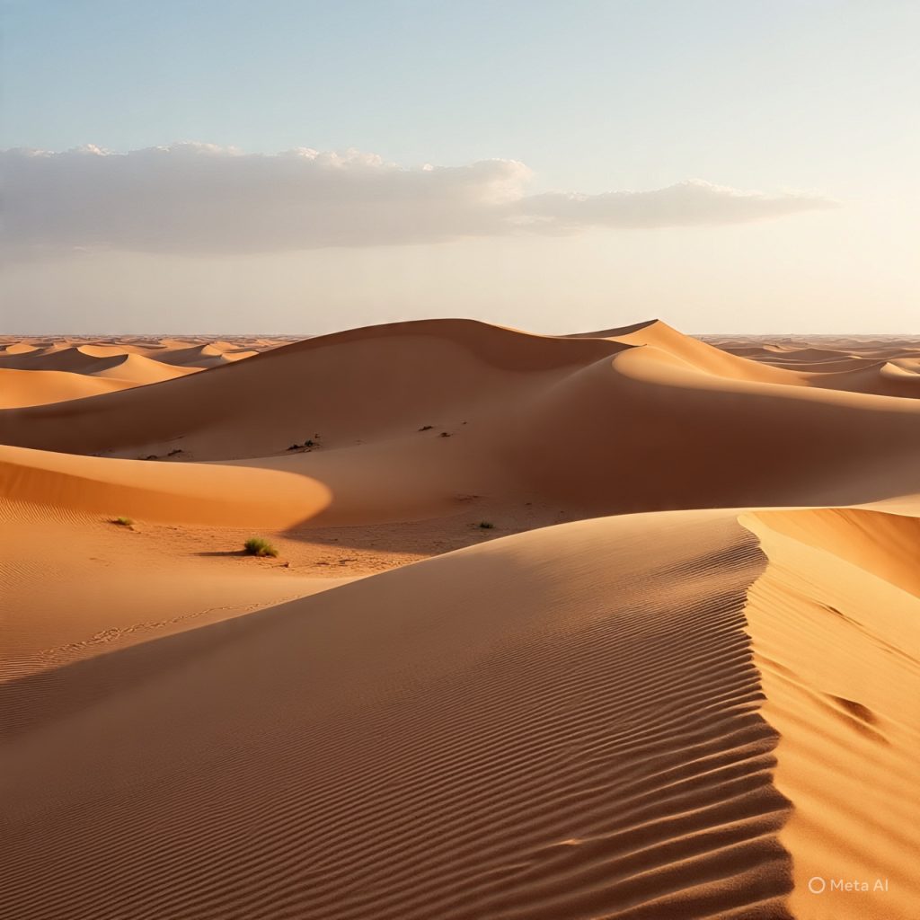 Desert dunes glowing at sunrise.