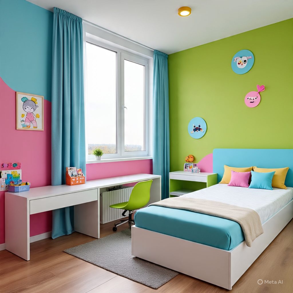 A kids’ room with modular furniture and changeable decorative elements.