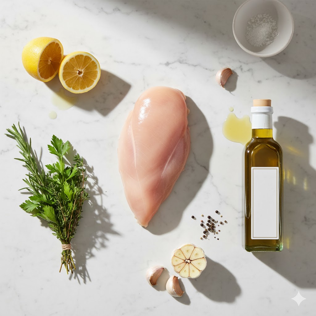 Minimal five-ingredient meal setup for easy cooking.