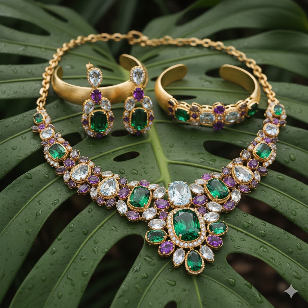 South American gemstone jewelry featuring vibrant emerald and amethyst.