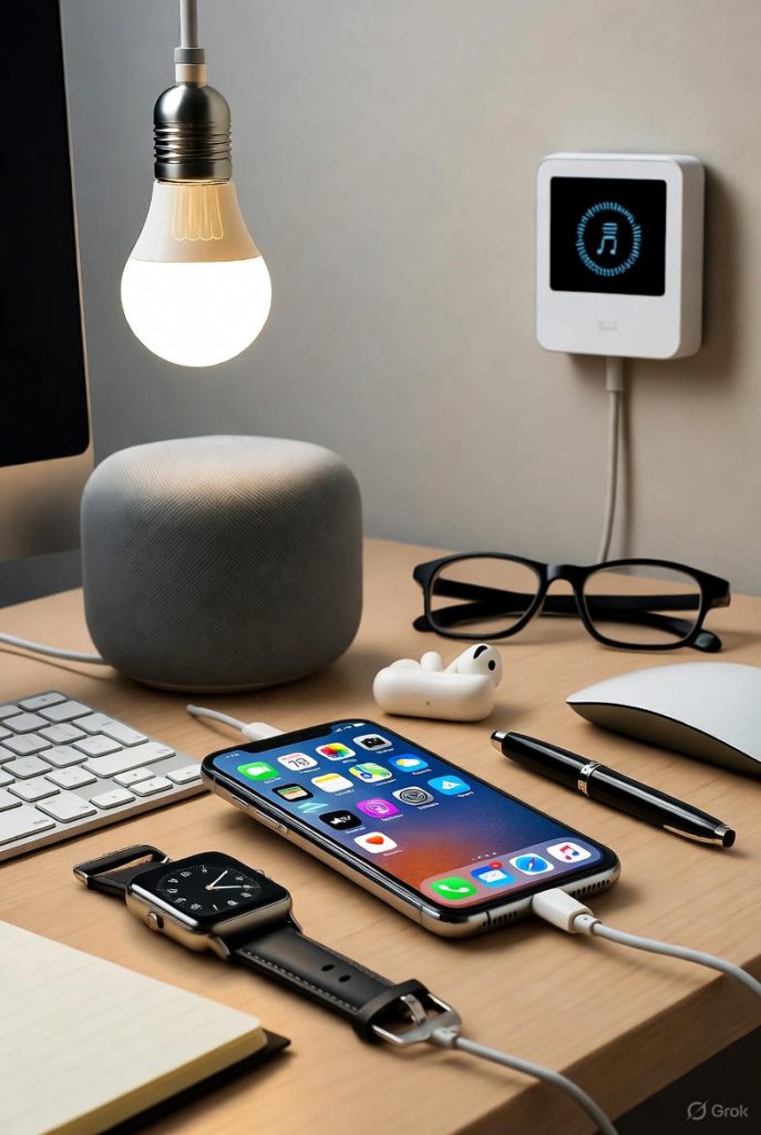 Smartphone linked to smart accessories and home devices.