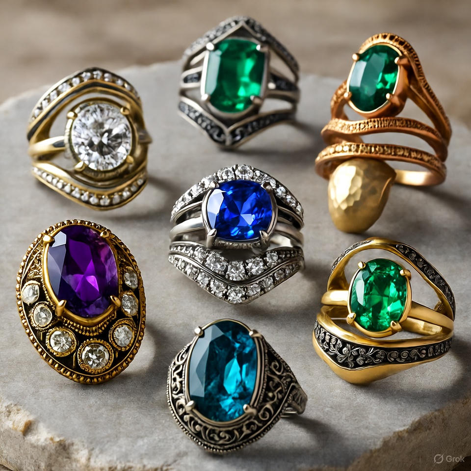 Statement rings with bold gemstones and artistic designs.