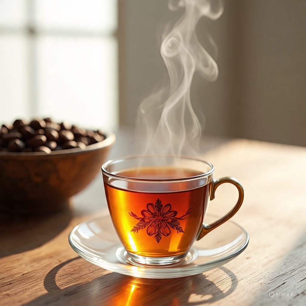 Herbal tea cup symbolizing reduced caffeine intake.