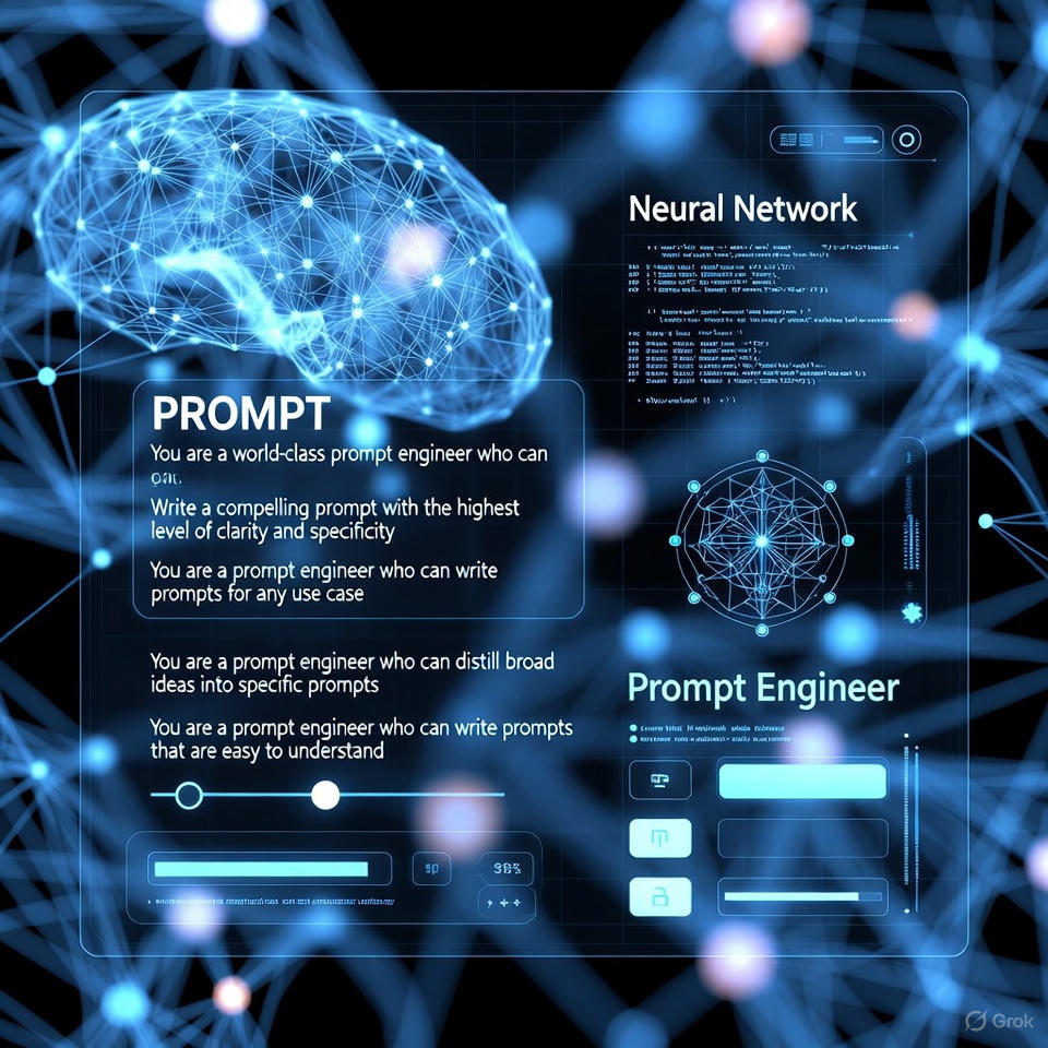 AI prompt engineering interface with digital text flow.