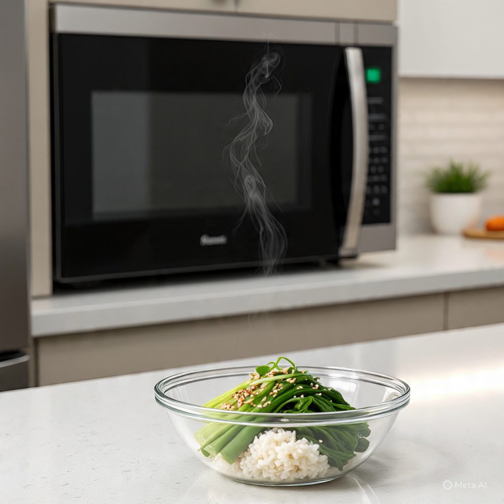 Quick microwavable meal with vegetables and rice.