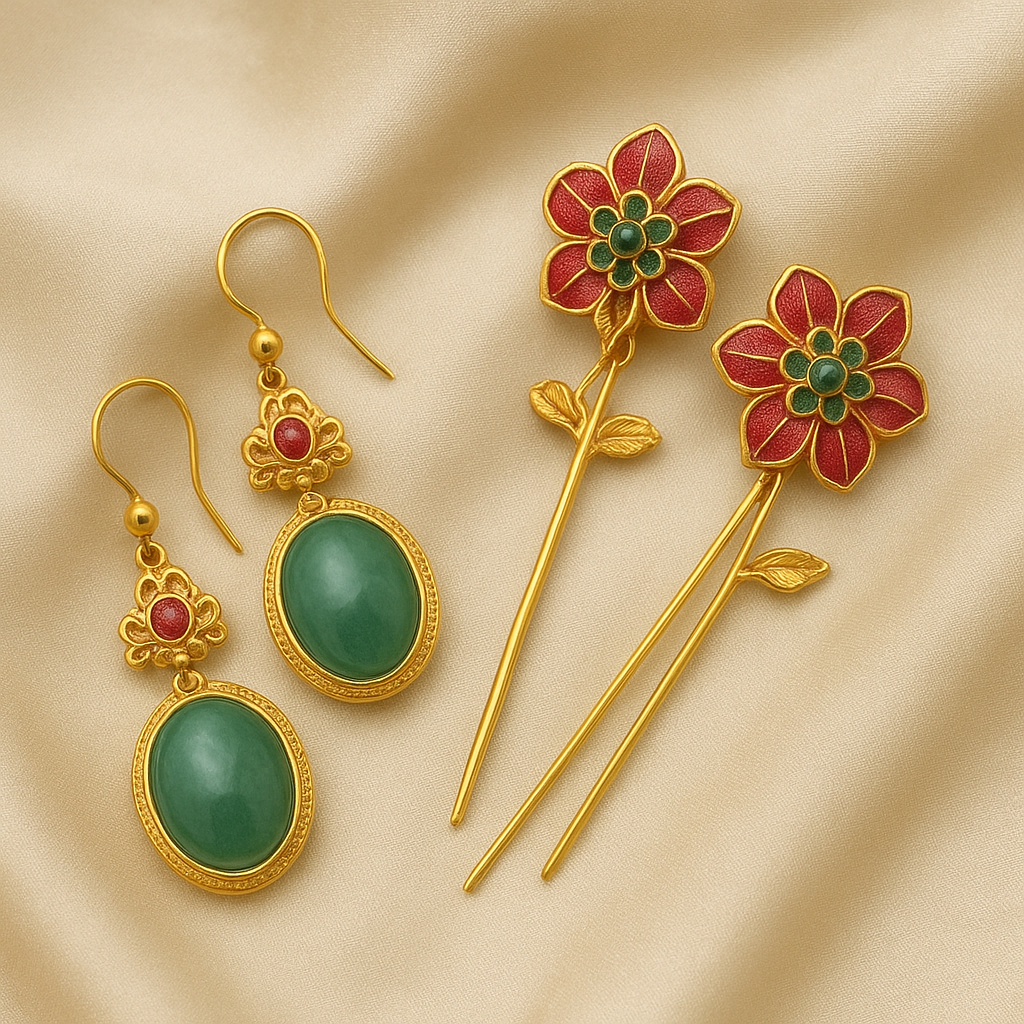 Elegant Korean jewelry featuring jade and floral motifs.