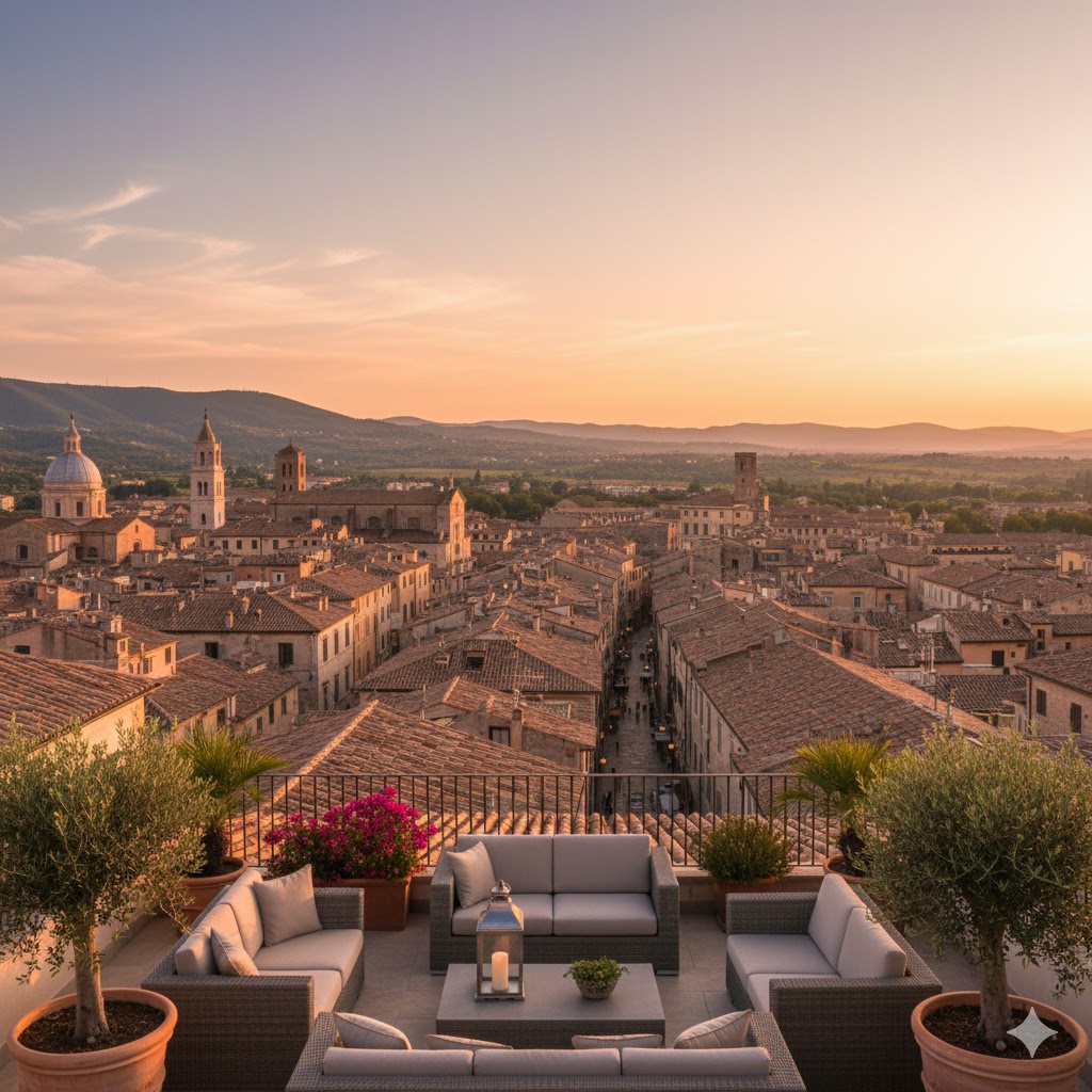 Rooftop view of historic town.