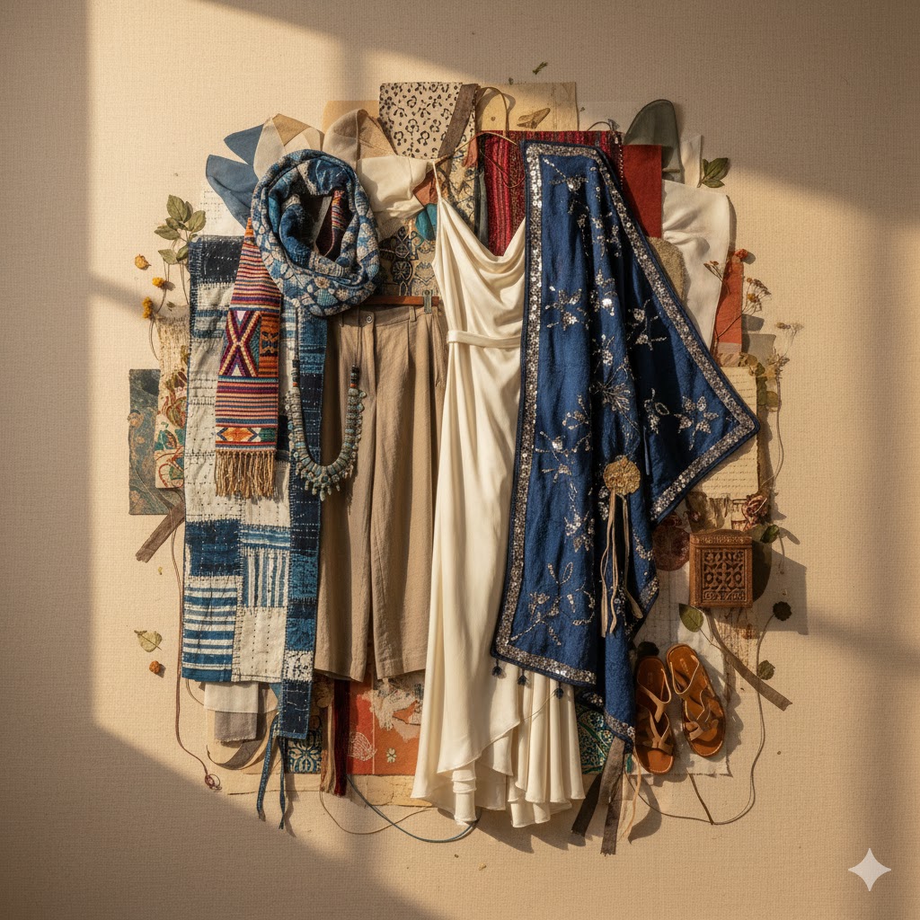 Fusion of traditional and modern fashion symbolizing cultural revival.