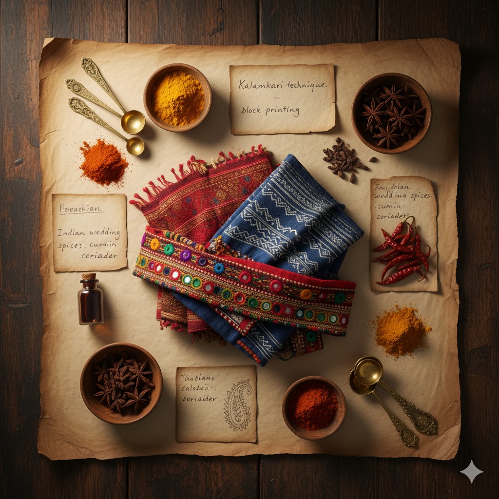 Cultural storytelling through fabrics and spices.