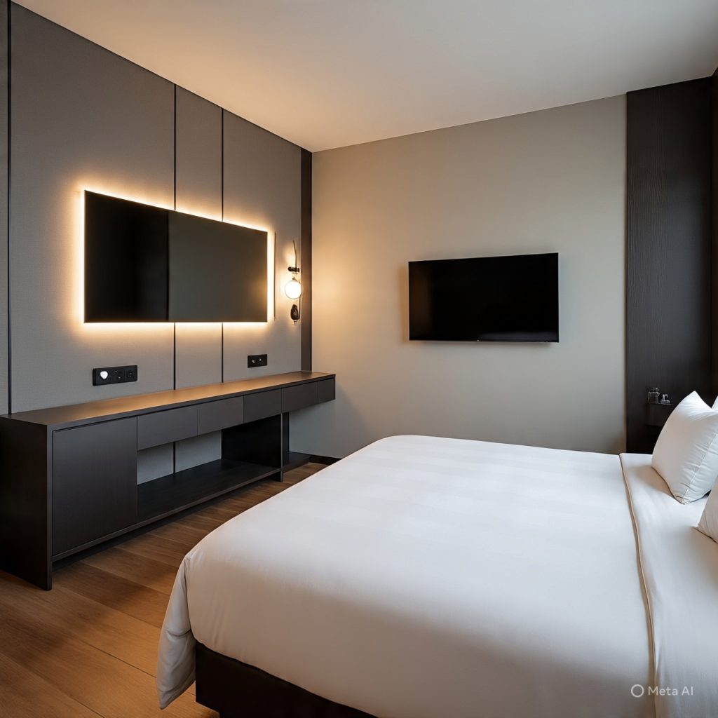 Modern smart hotel room with minimalist aesthetics.
