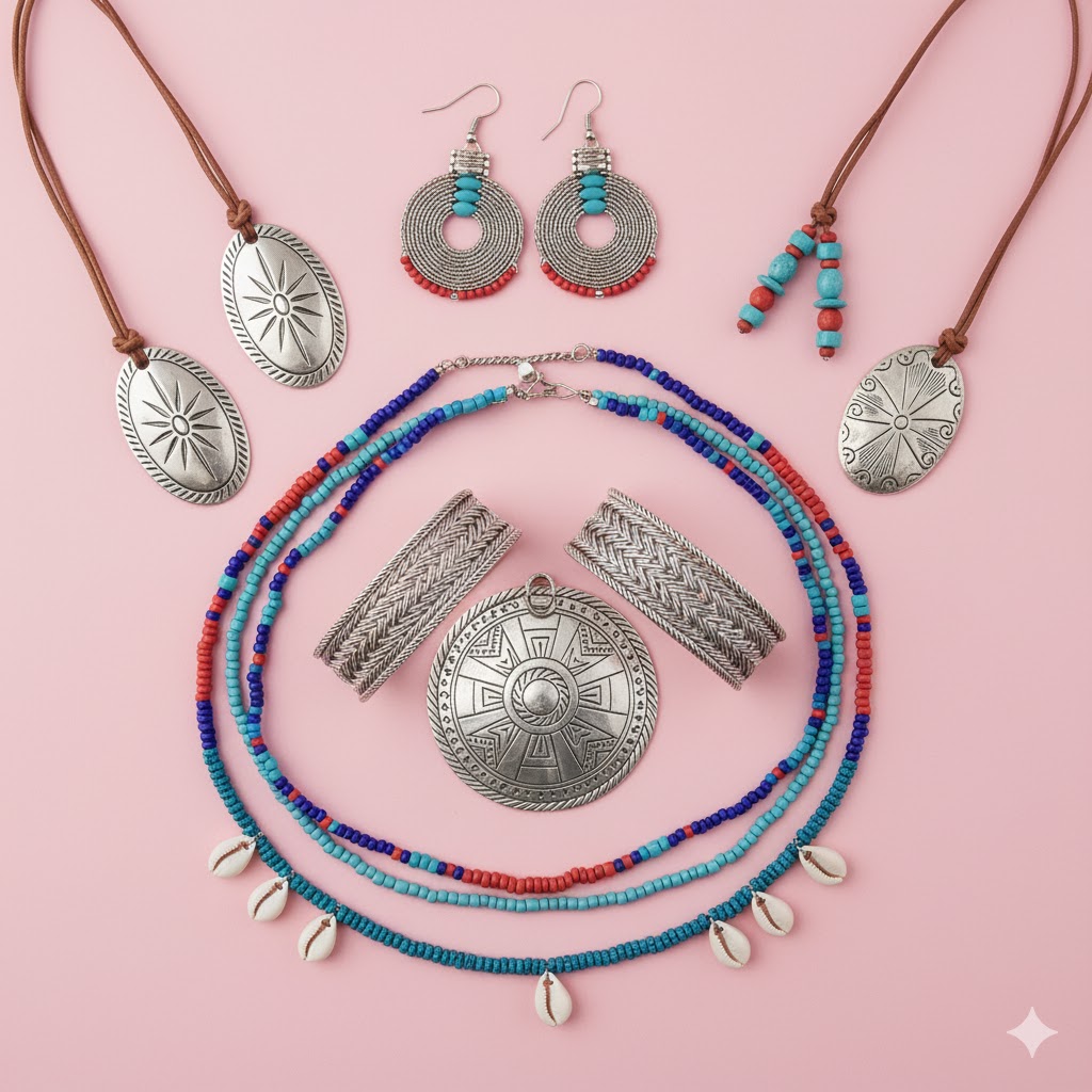Handcrafted artisan jewelry showcasing global traditional techniques.