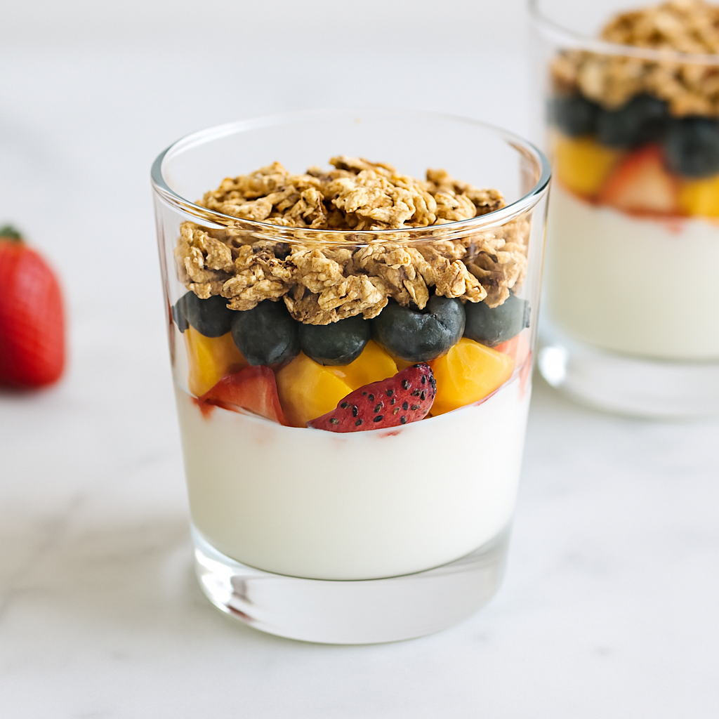 Simple dessert parfaits with yogurt and fresh fruit.