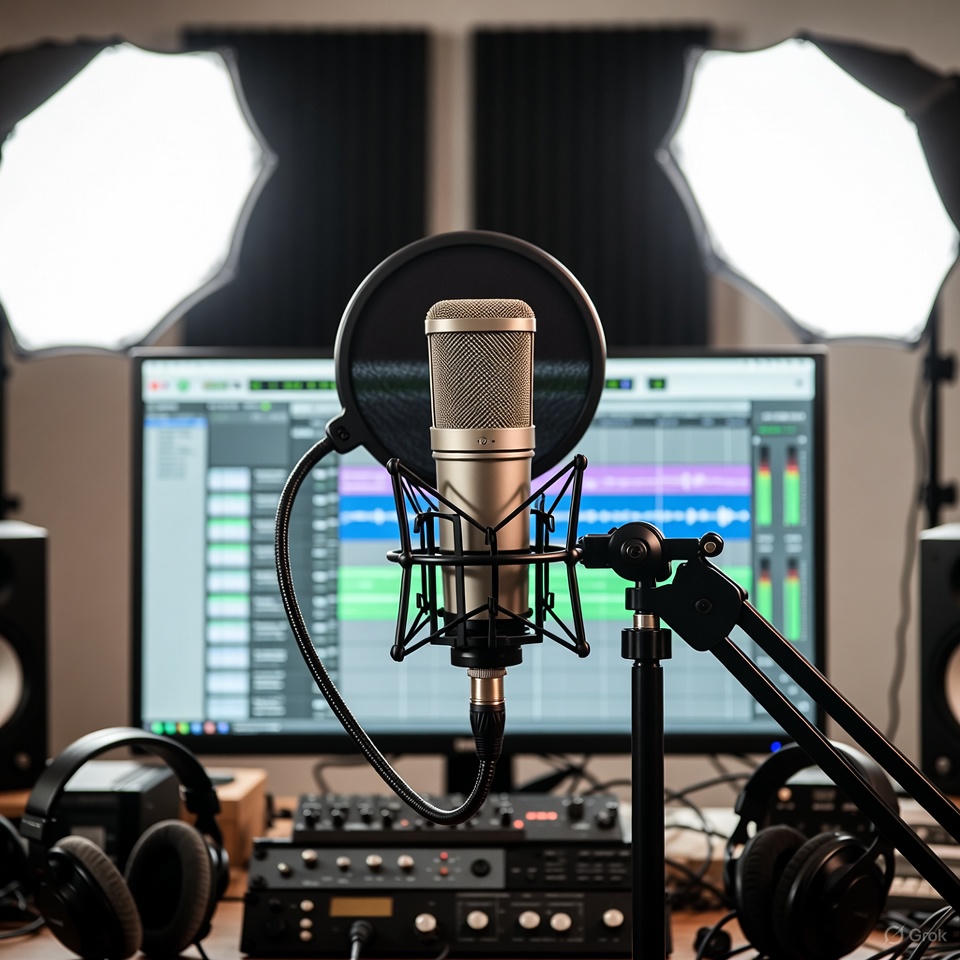 Voiceover recording setup with sound editing interface.