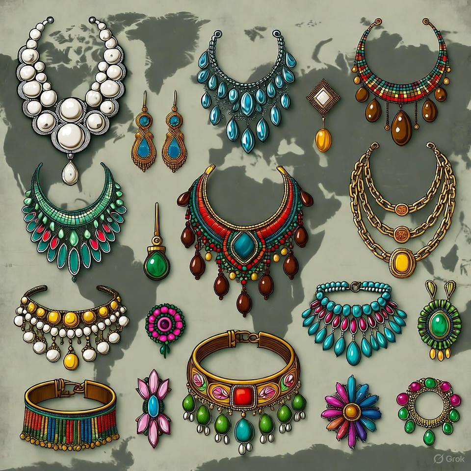 Global jewelry sets collage symbolizing cross-cultural fashion trends.
