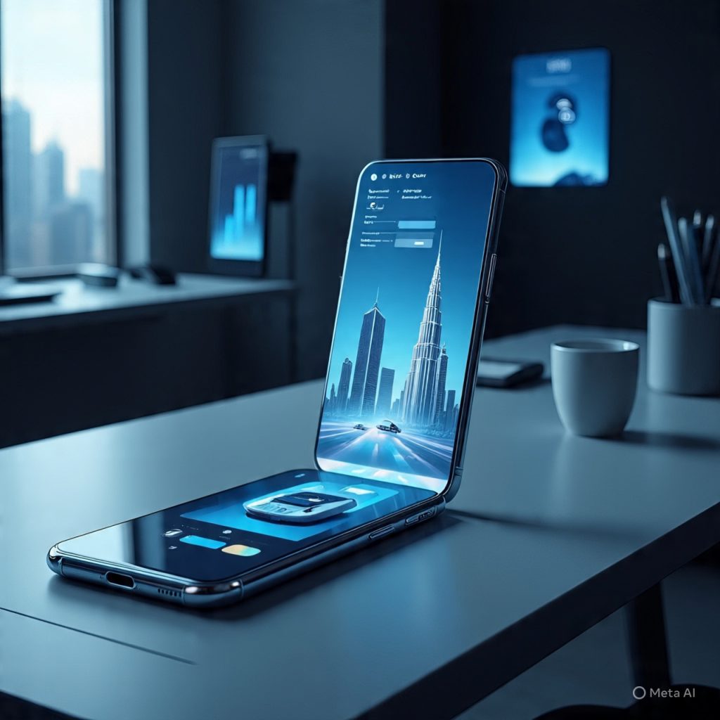 Futuristic smartphone projecting holographic display.