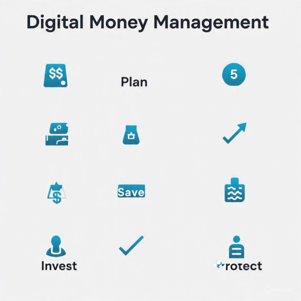 Digital money management 5-step infographic.