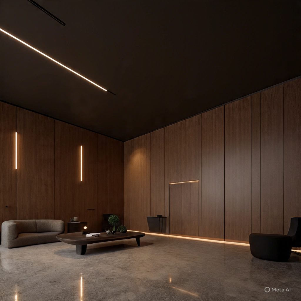 Elegant smart home interior with minimalist design and hidden tech.