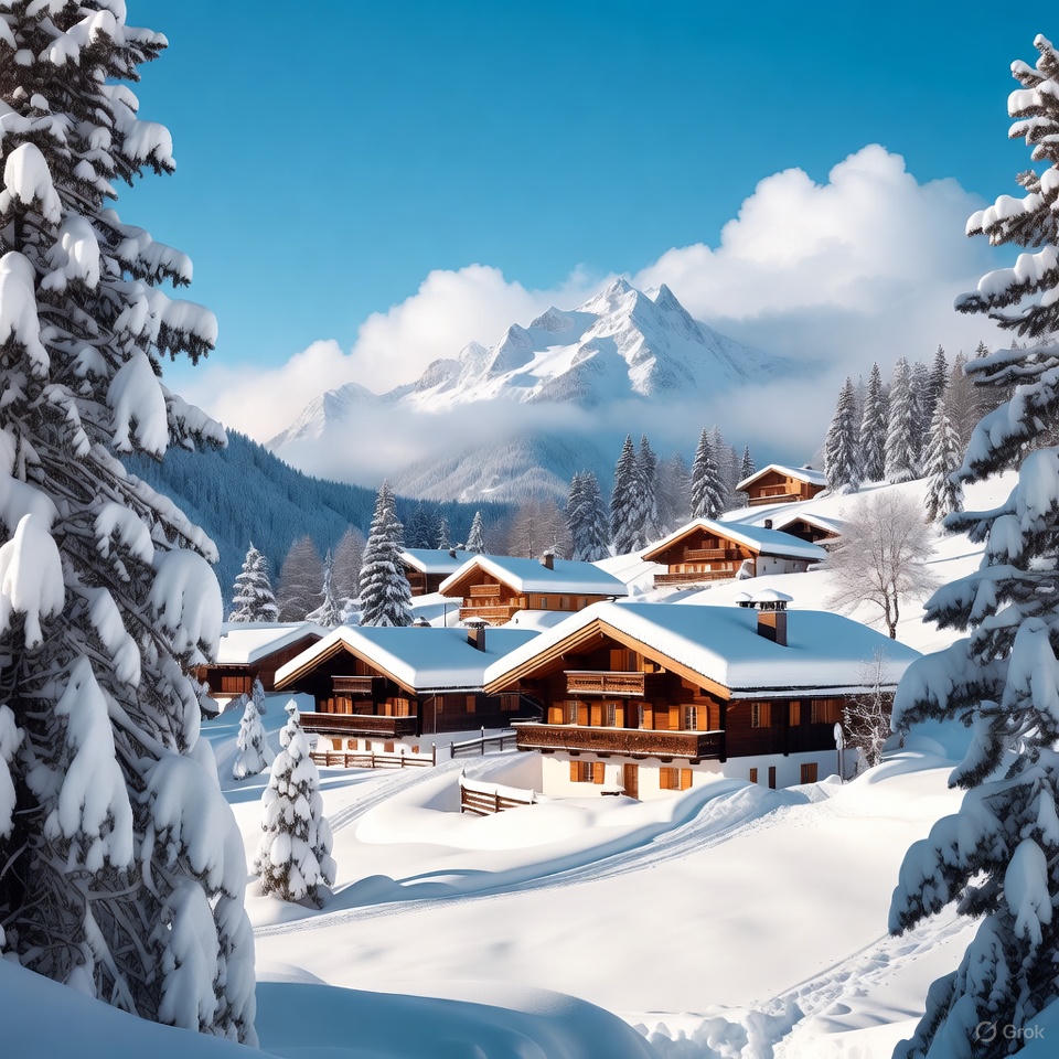 Hidden snowy mountain village.