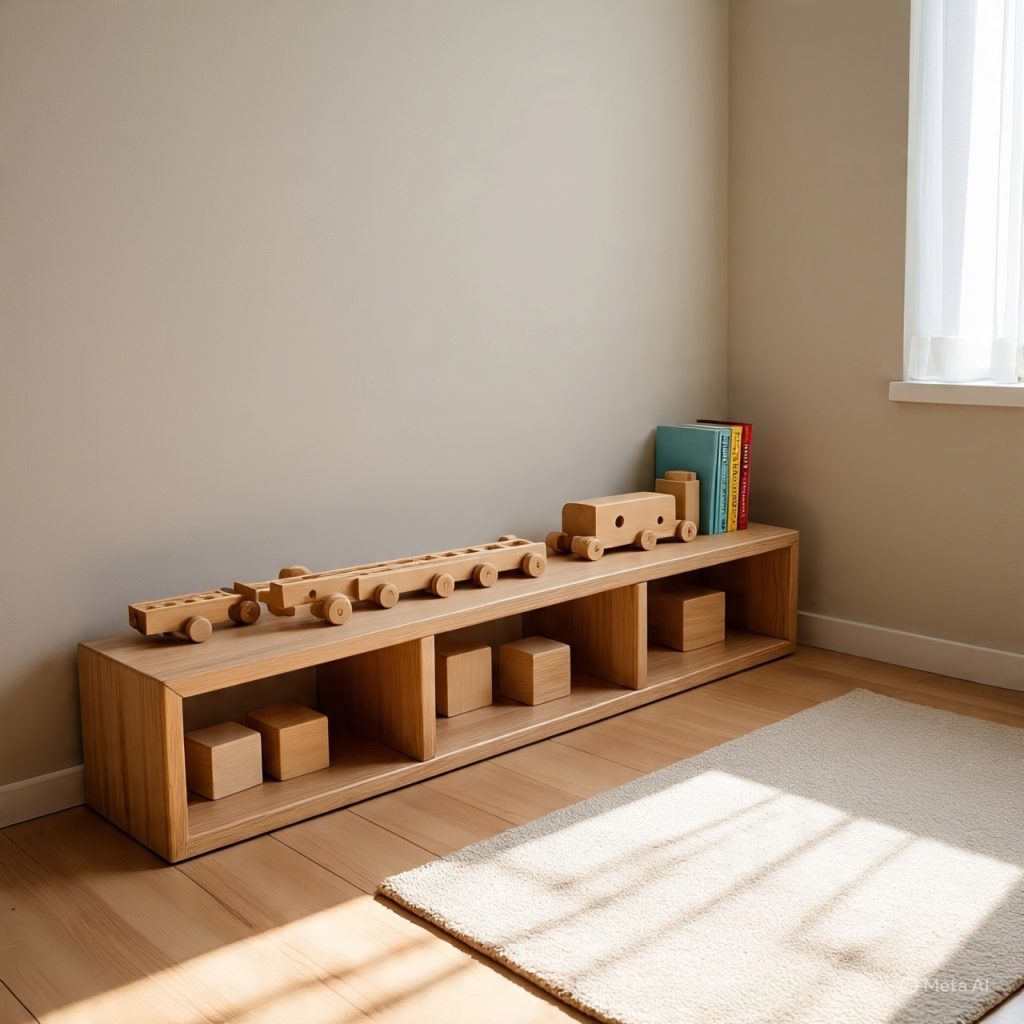 Simple eco-friendly children’s playroom with wooden toys.