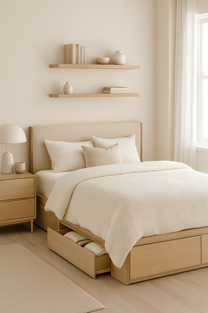 “Modern bedroom in neutral color palette for a calm atmosphere.”
