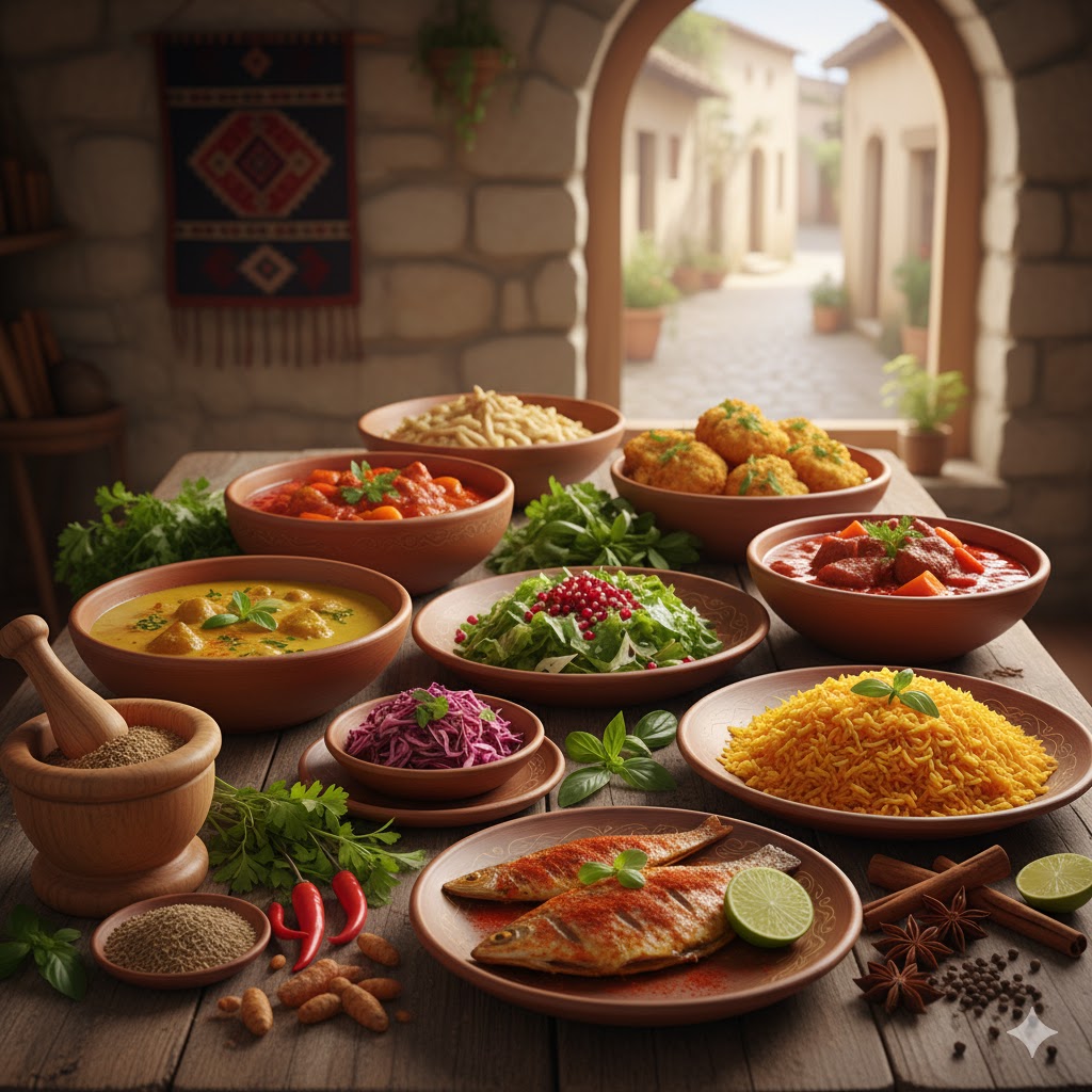 Local cuisine table showing cultural flavors.