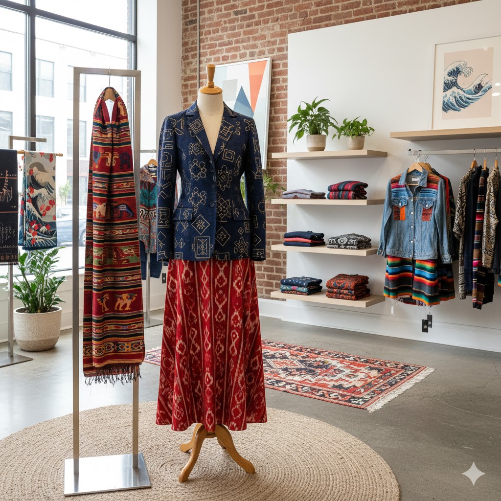 Modern outfits blending heritage prints with contemporary style.