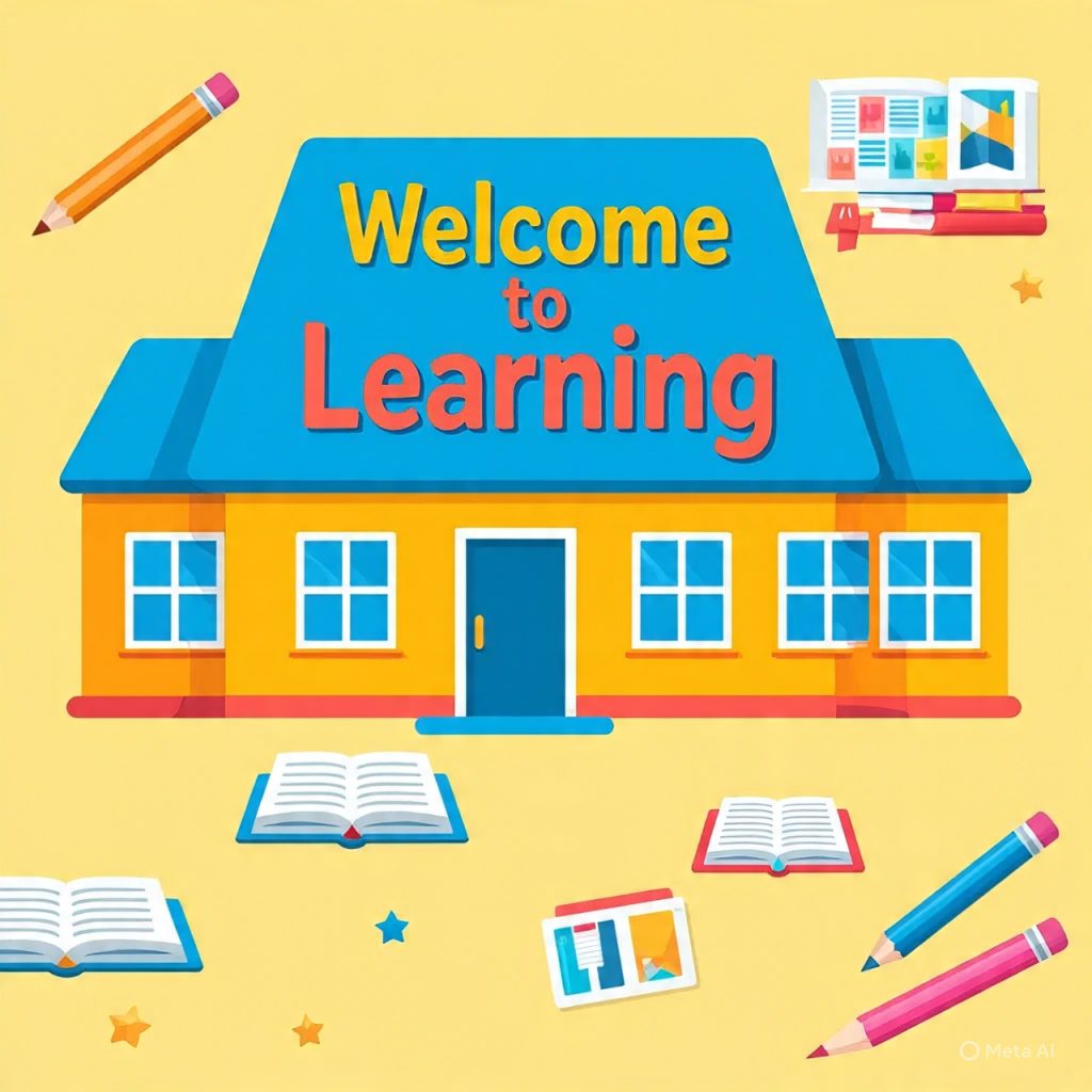 Illustrated school building showing learning environment.”