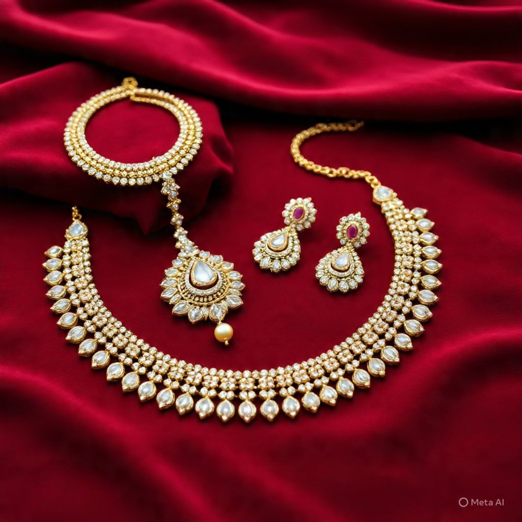 Traditional Indian bridal jewelry set in gold with intricate design.